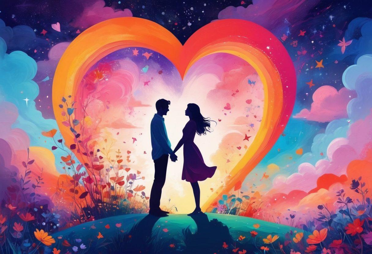 A whimsical illustration of two figures in a colorful romantic scene, showcasing a spectrum of emotions from playful flirting to dreamy fantasy. The background should feature abstract shapes and vibrant colors representing desire, with subtle hints of nature like hearts, stars, and flowers blending in. The characters should reflect diverse cultures, engaging in playful gestures and dreamlike interactions. Create an ethereal atmosphere that evokes a sense of adventure and emotional exploration. vibrant colors. surreal art.