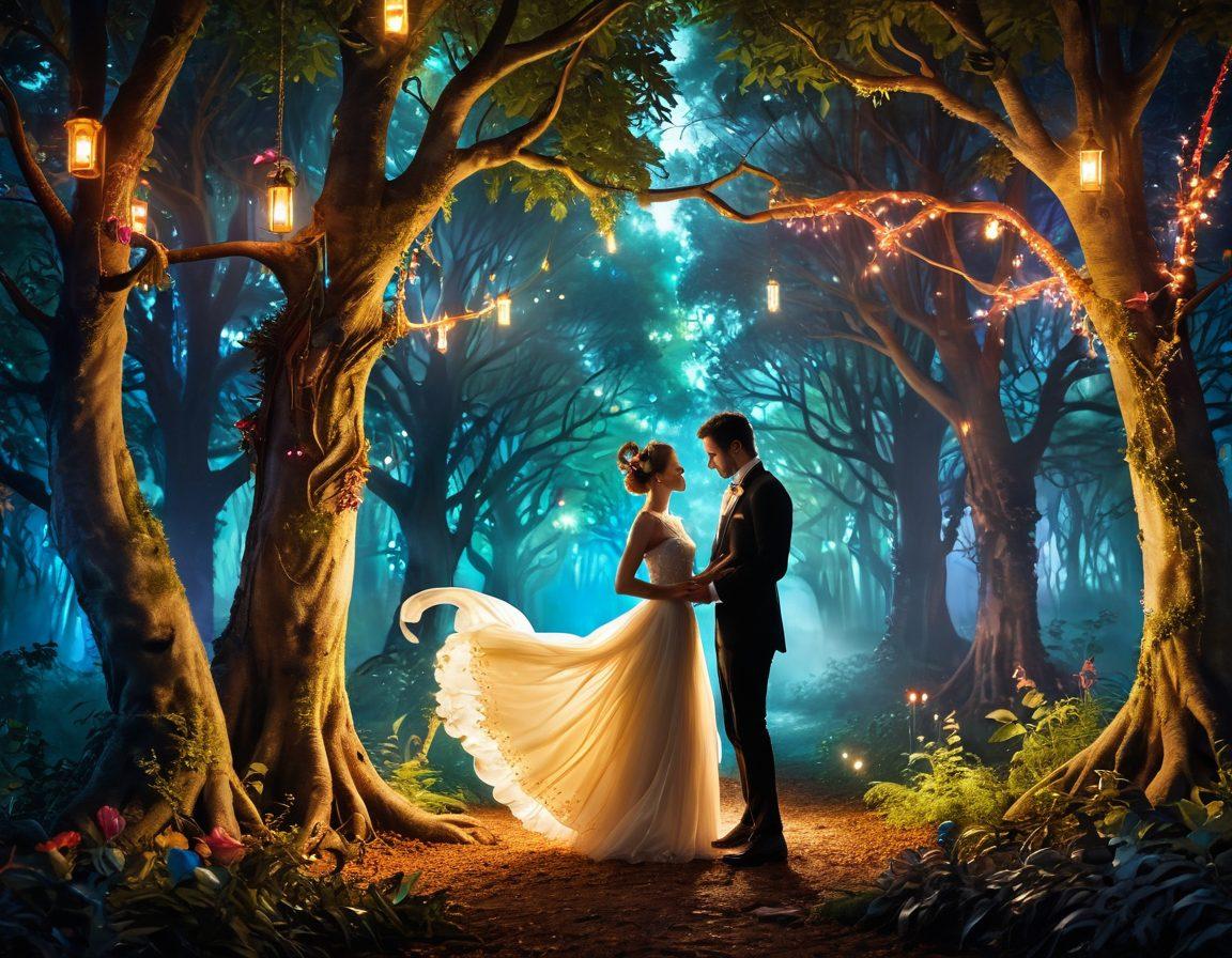 A whimsical scene depicting a playful couple exploring an enchanted forest, adorned with vibrant, colorful elements symbolizing various kinks, such as oversized feathers, masquerade masks, and playful ribbons floating in the air. Incorporate hints of magical creatures observing their fun, with an atmosphere of intimacy and joy. The couple is joyfully engaged in a light-hearted embrace, surrounded by lush greenery and twinkling fairy lights. surreal artwork. vibrant colors. enchanting background.