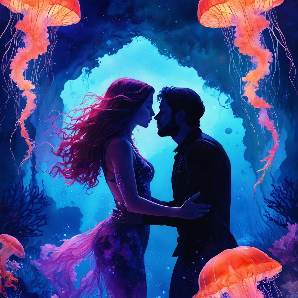 A sensual underwater scene where two silhouettes of lovers embrace, surrounded by vibrant coral reefs and glowing bioluminescent jellyfish. Gentle waves create a dreamy atmosphere, symbolizing intimacy and connection. Soft, warm lighting enhances the romance, with bubbles rising to the surface. Watercolor style with rich blues and purples. vibrant colors. dreamy ambiance.